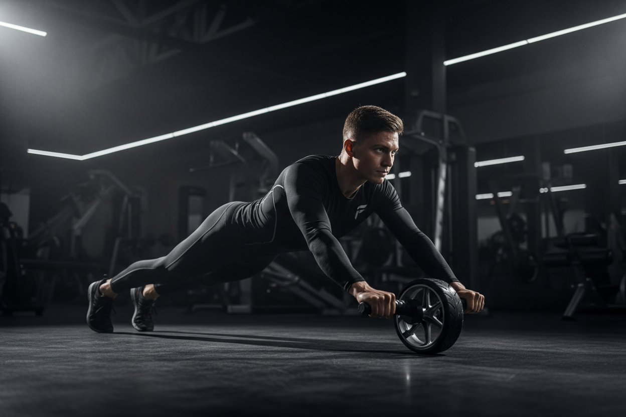 Athlete using LUXLifts Pro AB Roller Wheel in a dark gym