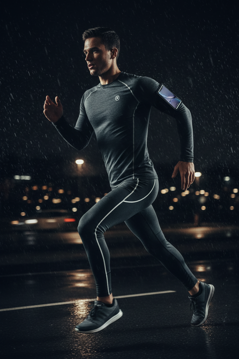 Runner wearing LUXLifts Phone Armband at night