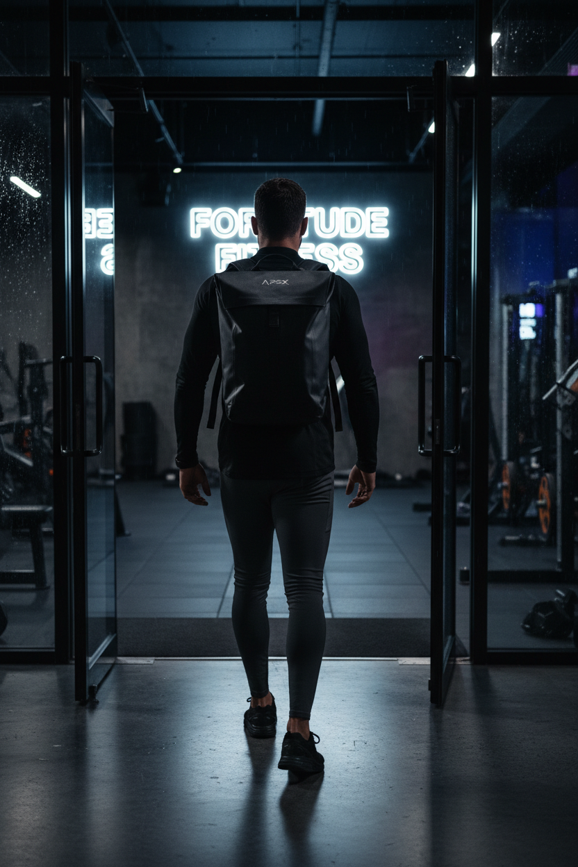 Athlete wearing LUXLifts Waterproof Gym Backpack walking into gym