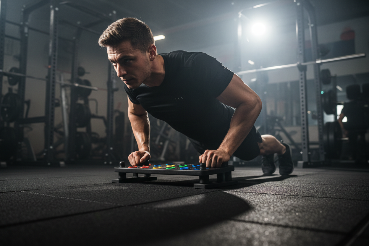 Athlete performing push ups on LUXLifts Pro Push Up Board in dark gym