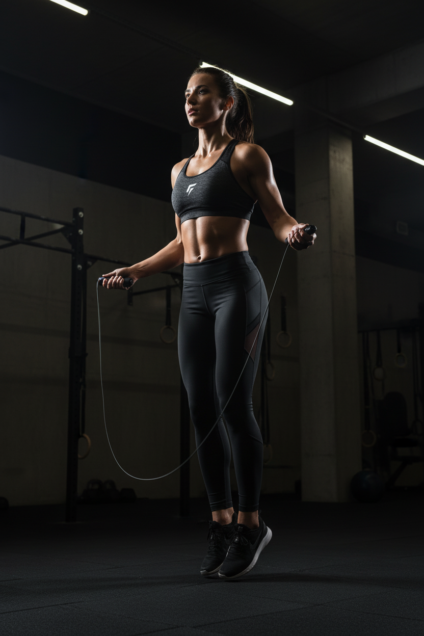 Athlete skipping with LUXLifts Speed Jump Rope in dark gym