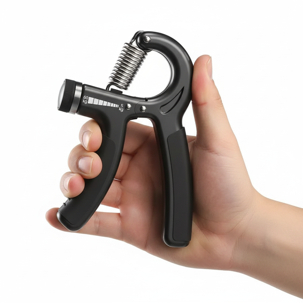 Hand gripping LUXLifts Pro Grip Strength Trainer showing mechanical counter