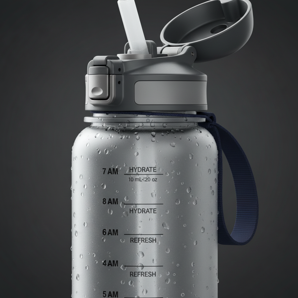 Close up of LUXLifts Water Bottle time marker and straw lid