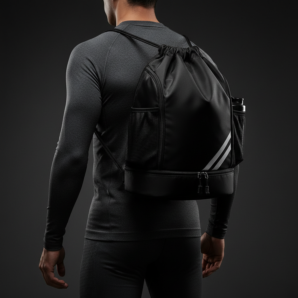 LUXLifts Drawstring Gym Bag worn on back in dark moody setting
