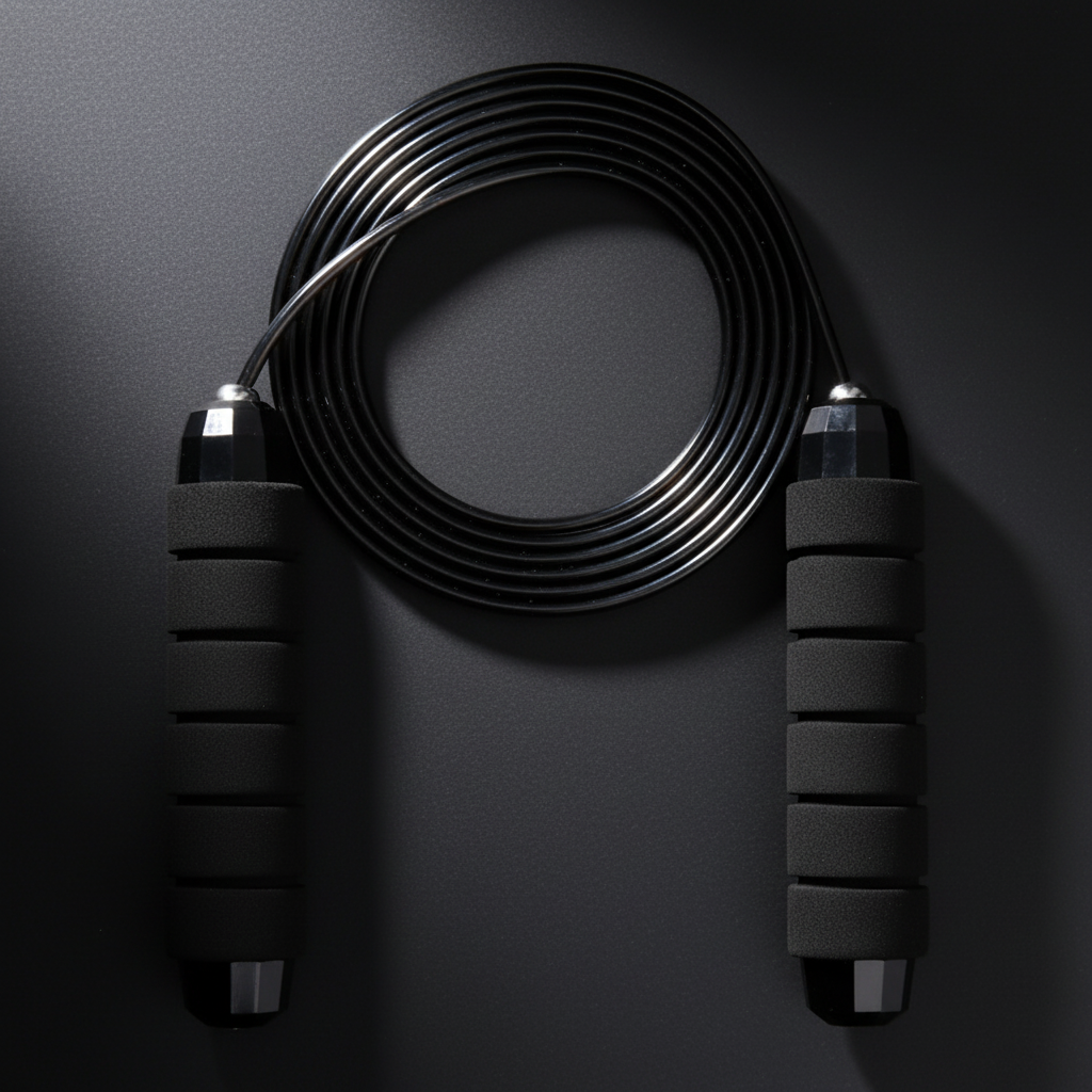 LUXLifts Speed Jump Rope black with foam handles on dark background