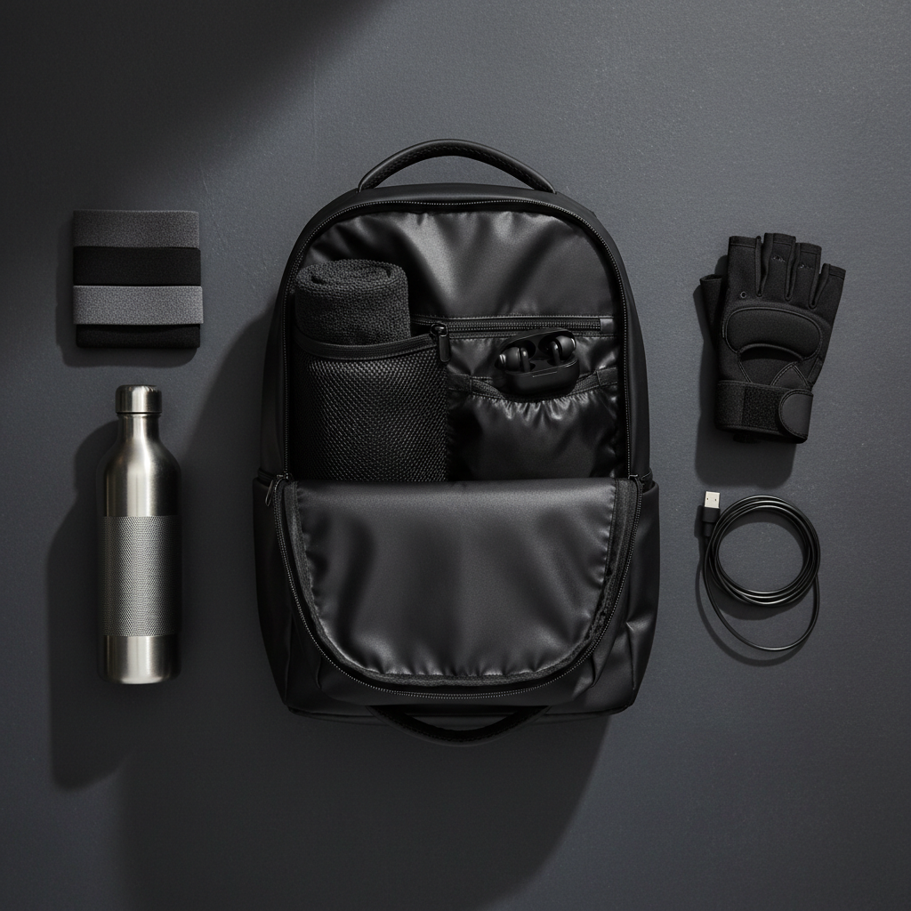 LUXLifts Gym Backpack open flat lay with gym essentials