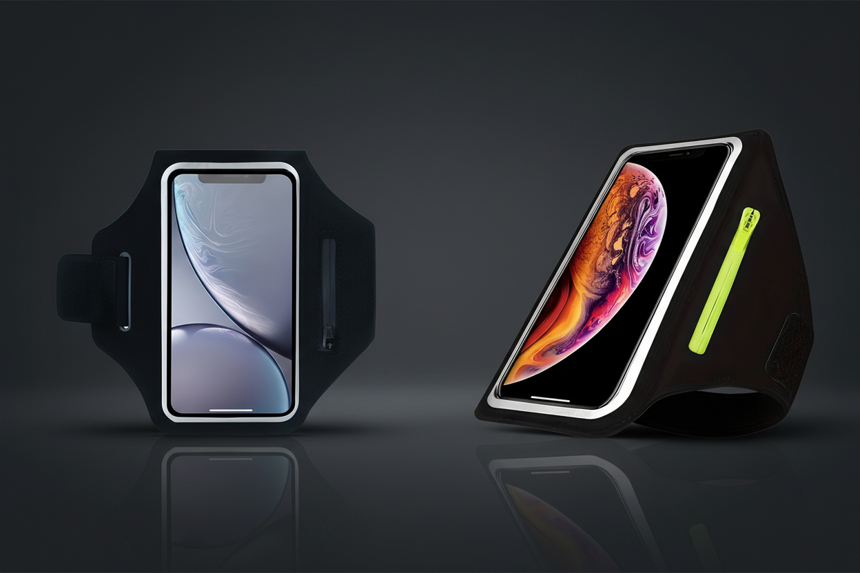 LUXLifts Running Phone Armband in black and green on dark background