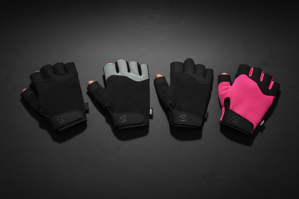LUXLifts Pro Gym Gloves in black, black grey and pink on dark surface