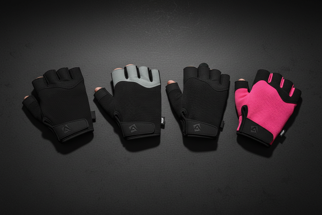 LUXLifts Pro Gym Gloves in black, black grey and pink on dark surface