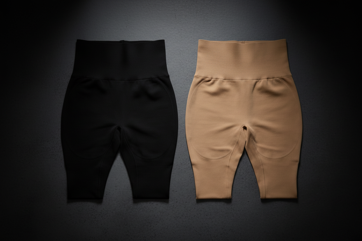 LUXLifts High-Waist Compression Shaper in black and beige flat lay on dark surface