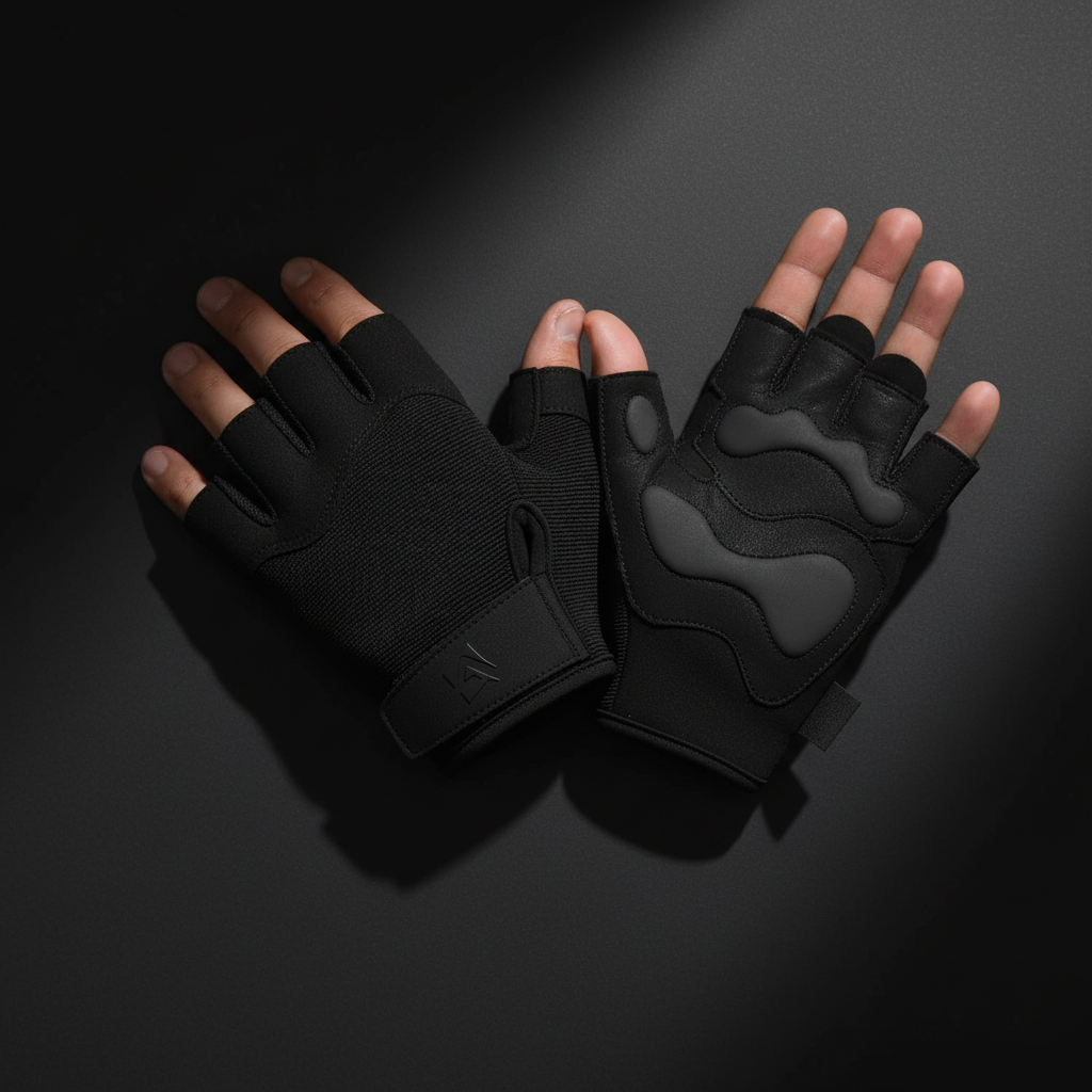 LUXLifts Pro Gym Gloves black fingerless on dark background