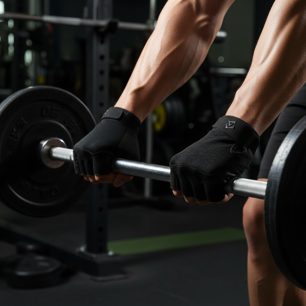 Hands wearing LUXLifts Pro Gym Gloves gripping barbell