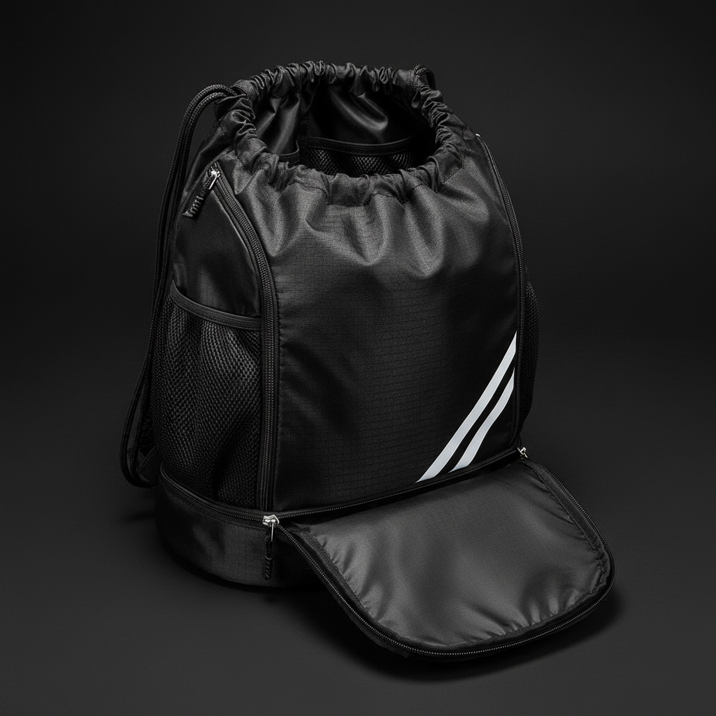 LUXLifts Drawstring Gym Bag open showing compartments on dark background