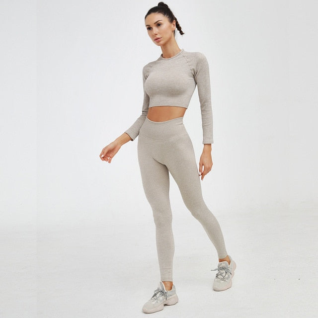 Women's Ribbed Yoga Set | Long Sleeve Crop Top & Seamless Leggings